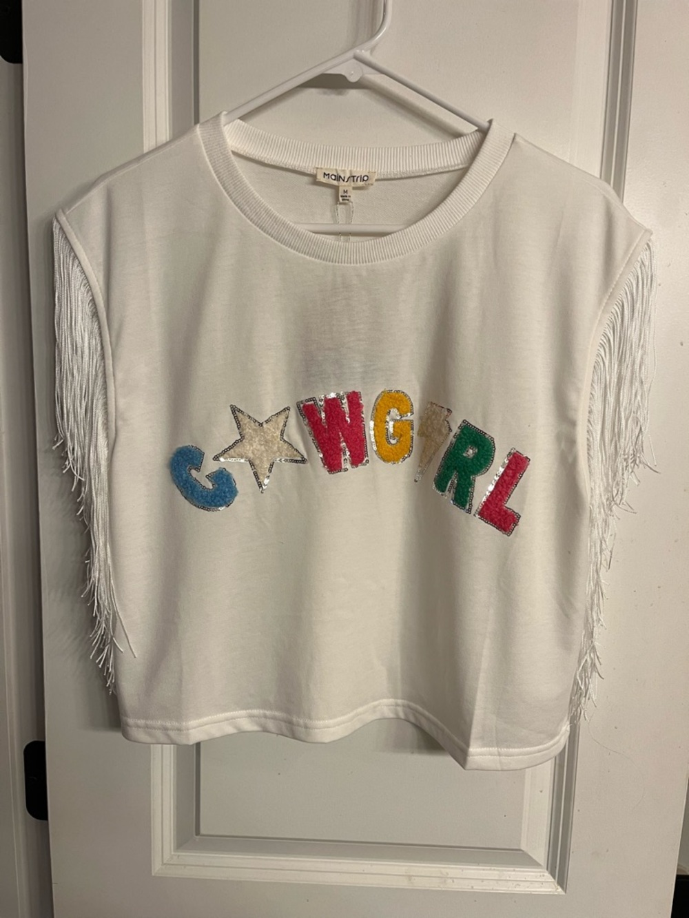 Main Strip White Cowgirl Fringe Crewneck Crop Tee
